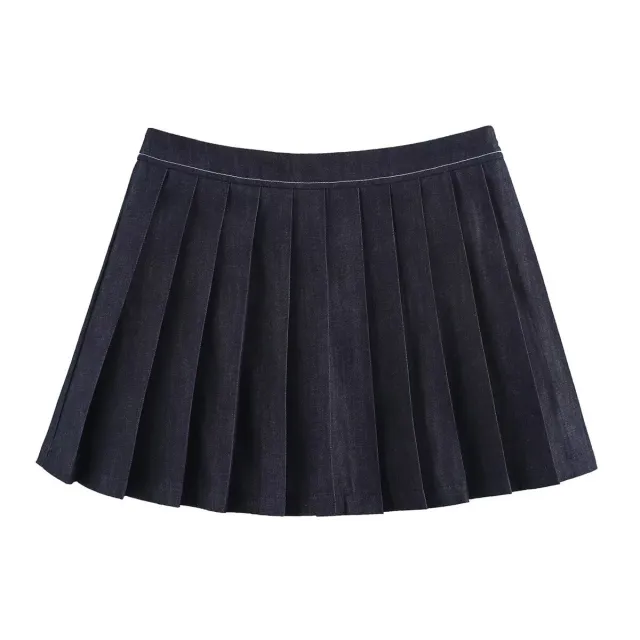 Denim Pilot Jacket Wide Pleated Denim Skirted Leggings Culottes - Shop at LoveMi