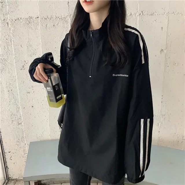 Women's SpringAutumn Thin Striped Preppy Style Student Top Zip Up Sweatshirt Black - Shop at LoveMi
