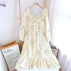 Cotton Crepe Chest Pad Long Sleeve Skirt U-collar Pullover Nightdress - Henon Bamboo Dark Green - View 1