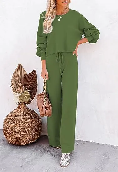 Casual Solid Color Long sleeved Trousers Two piece Set Army Green - Shop at LoveMi