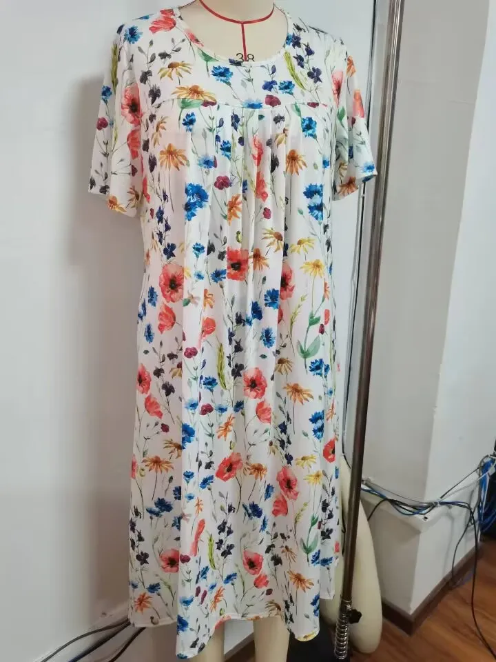 Spring And Summer Women's Elegant Large Swing Round Neck Printed Short Sleeve Dress - Real Shot-Xl