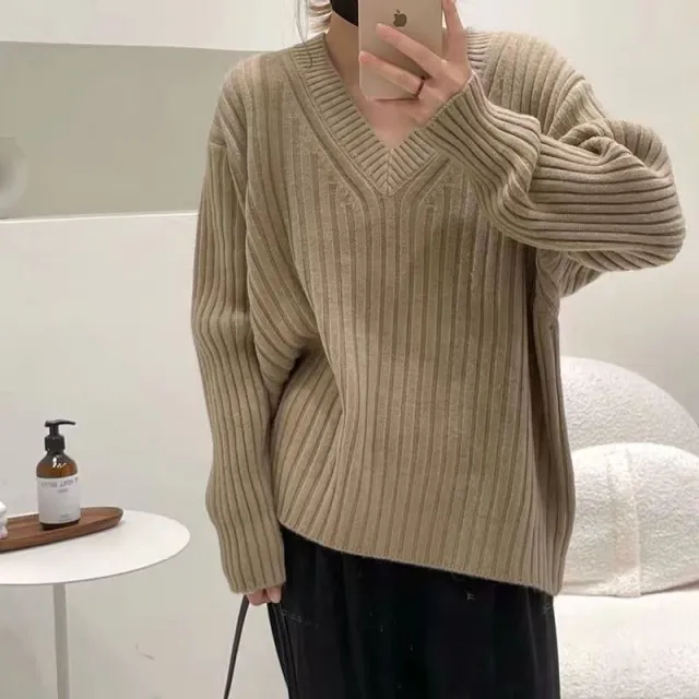Retro V neck Pullover Women's Loose Sweater Khaki - Shop at LoveMi