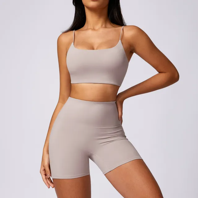 Quick drying Tight Brushed Casual Running Workout Exercise Outfit Women Bra Set Linen Gray - Shop at LoveMi
