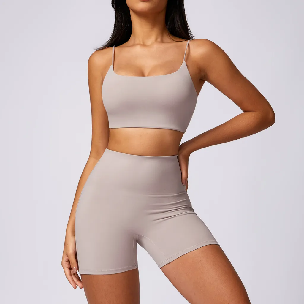 Quick-drying Tight Brushed Casual Running Workout Exercise Outfit Women - Bra Set Linen Gray