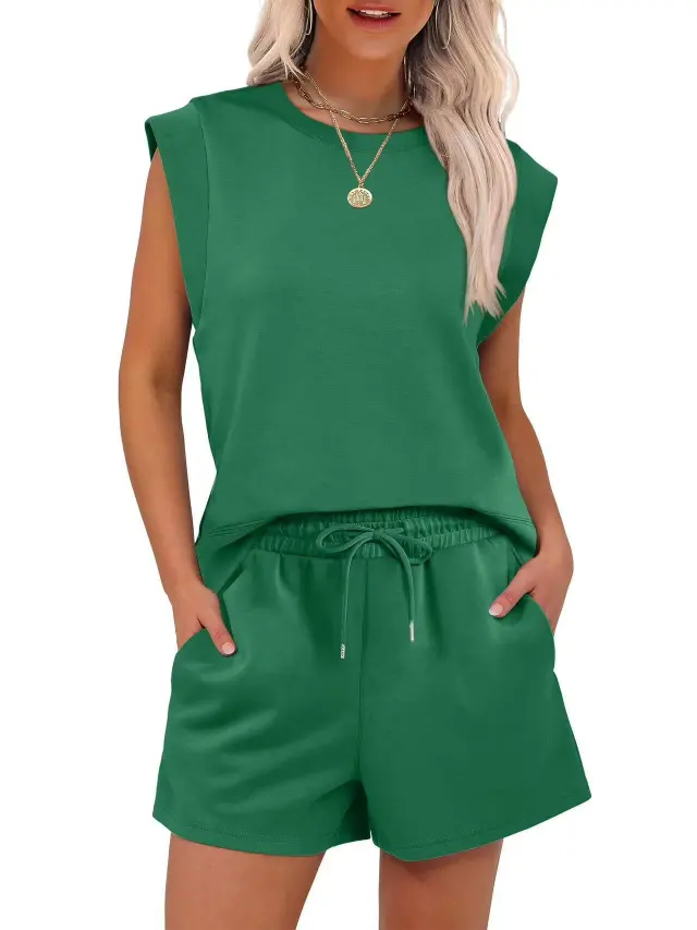 Round Neck Cover Sleeve Top With Pockets Shorts Suit Dark Green - Shop at LoveMi