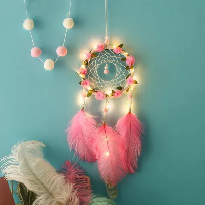 Women's Dreamcatcher Wind Chimes Room Decorative Pink Ostrich Feather Ornaments