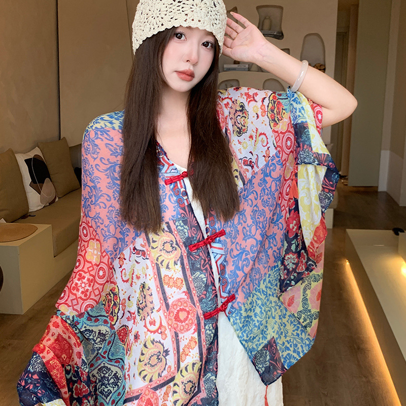 Popular Ethnic Style Shawl Summer Travel Wear Retro Buckle Sun Protection Coat