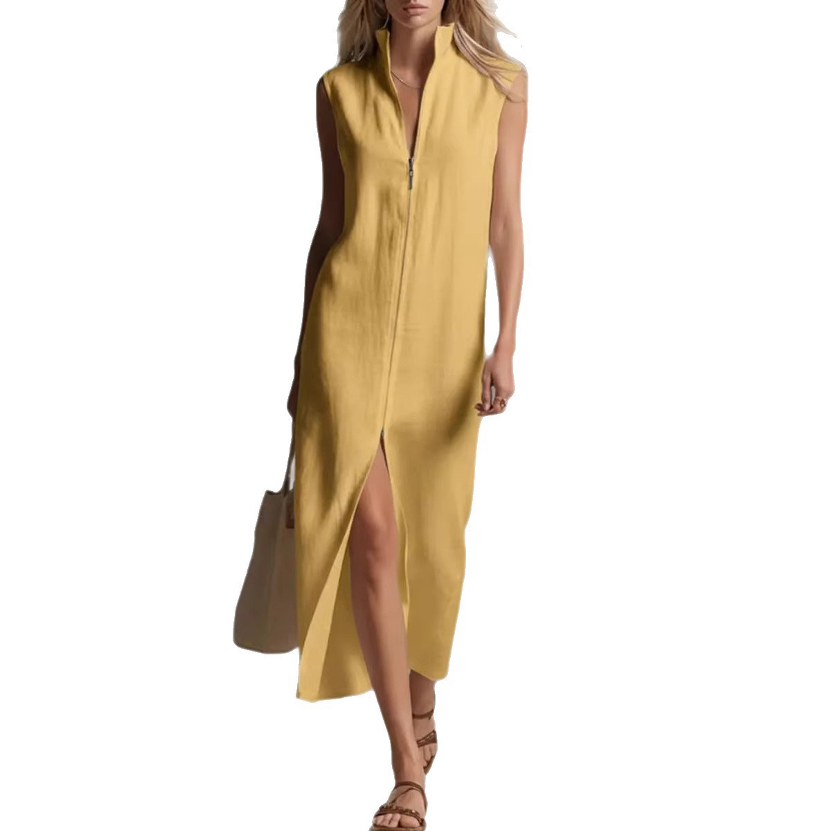 Sleeveless Zippered Stand Collar Fashionable Slit Casual Dress
