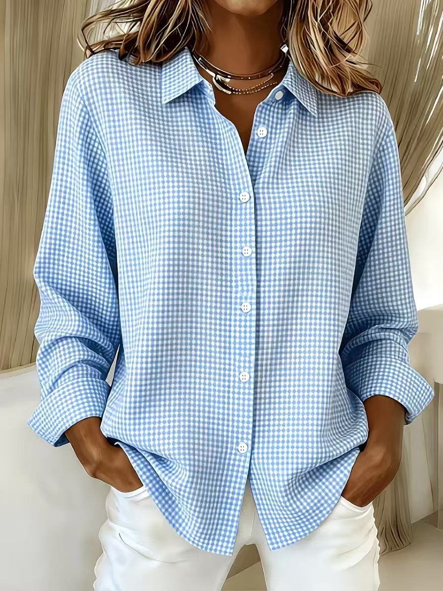 Versatile Lapel-collar Long-sleeve Plaid Shirt