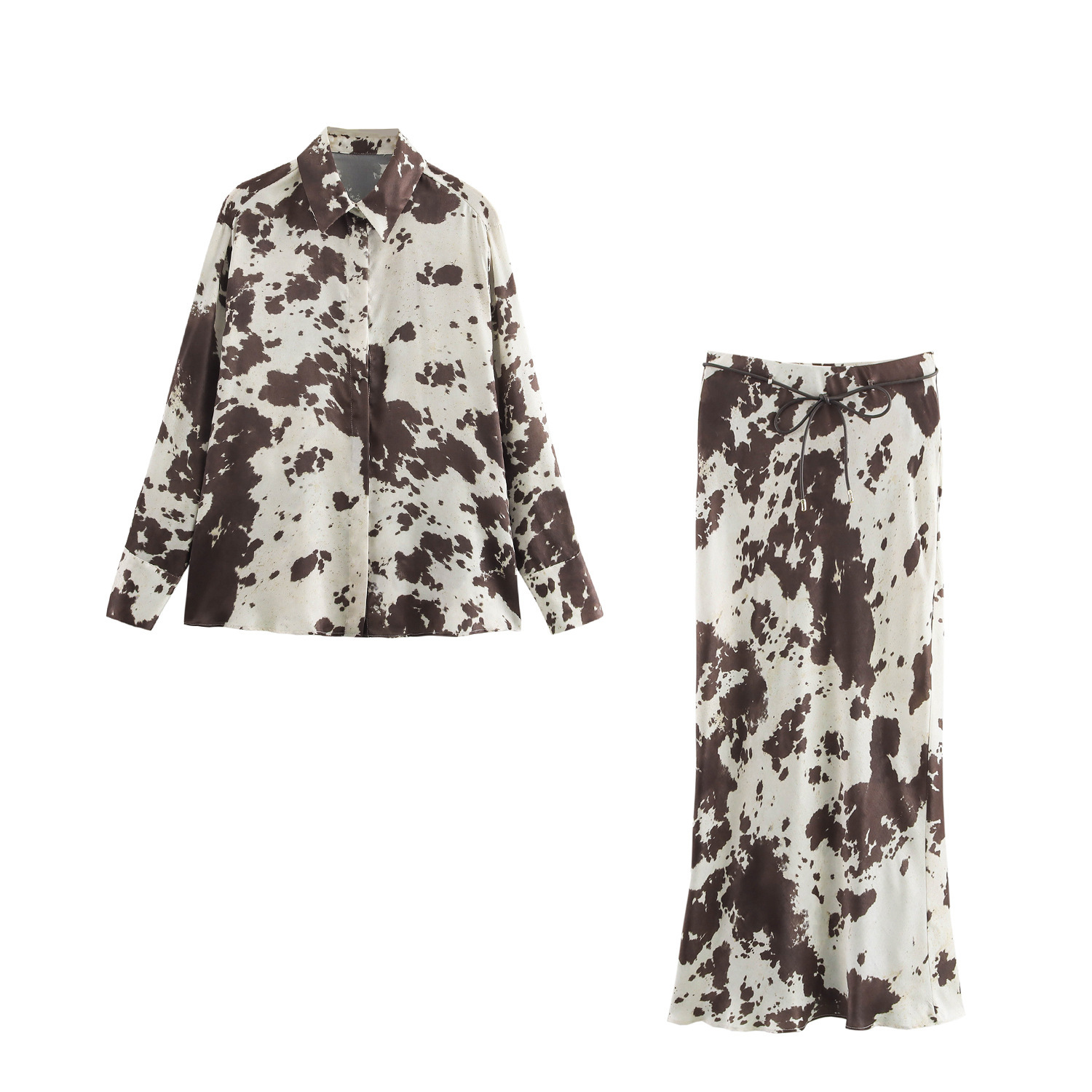 Animal Print Silk Satin Loose Shirt With Belt High Waist Skirt Suit