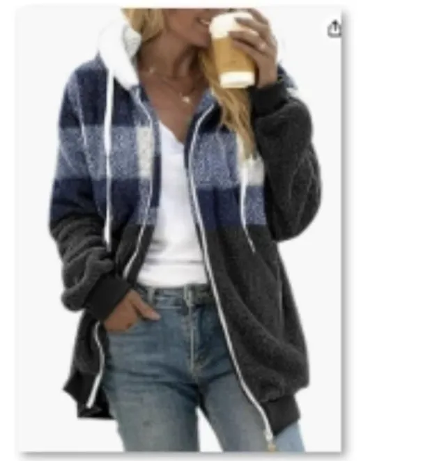 Plaid Color block Fleece Hooded Zip up Jacket Blue - Shop at LoveMi