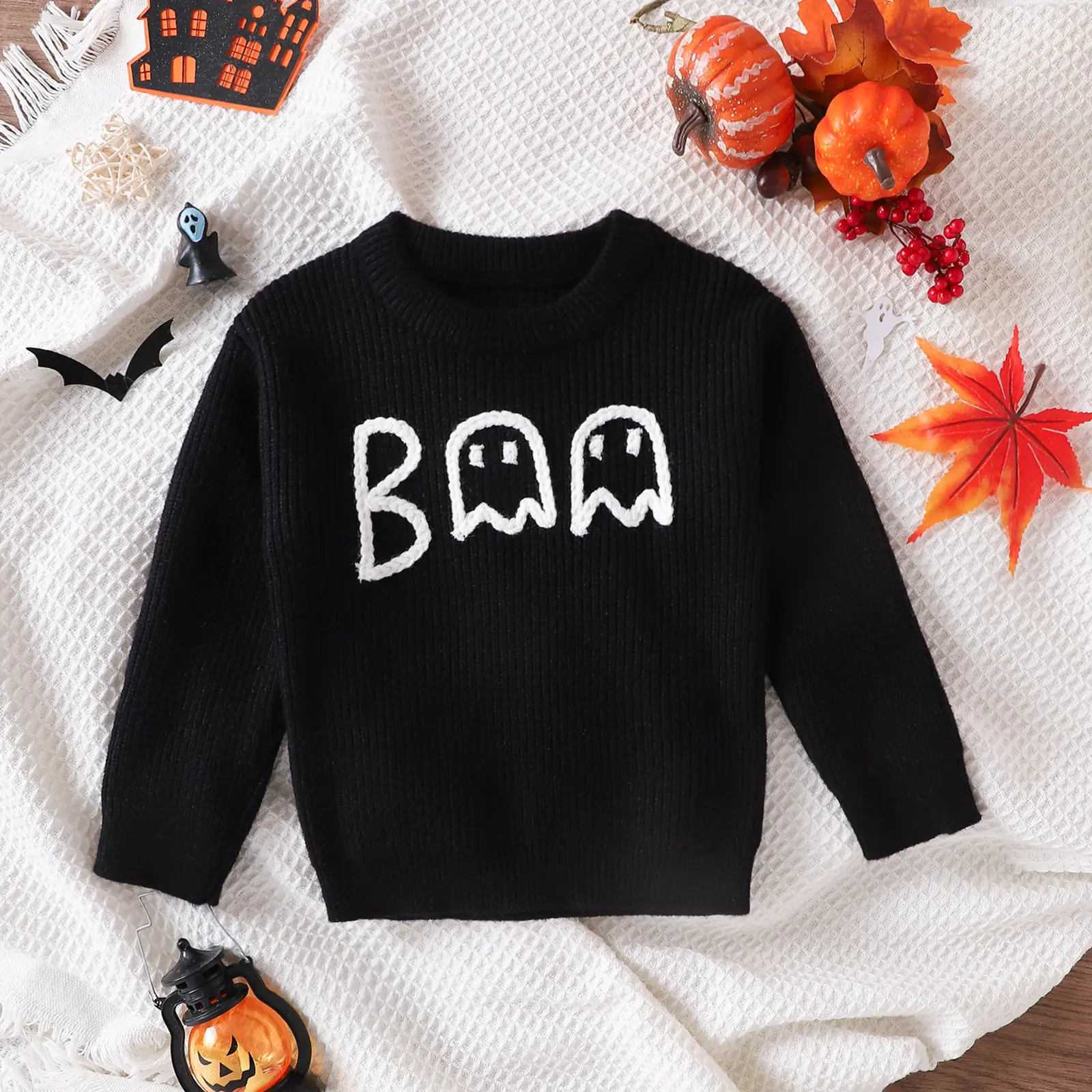 Boy's Cartoon Ghost Embroidered Long-sleeved Sweater