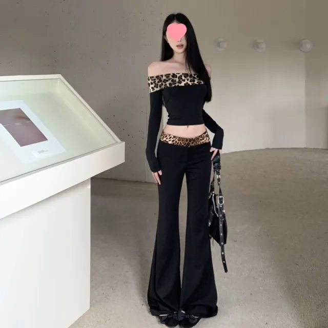 Off shoulder Leopard Splicing Long Sleeve Autumn And Winter American Suit Leopard - Shop at LoveMi