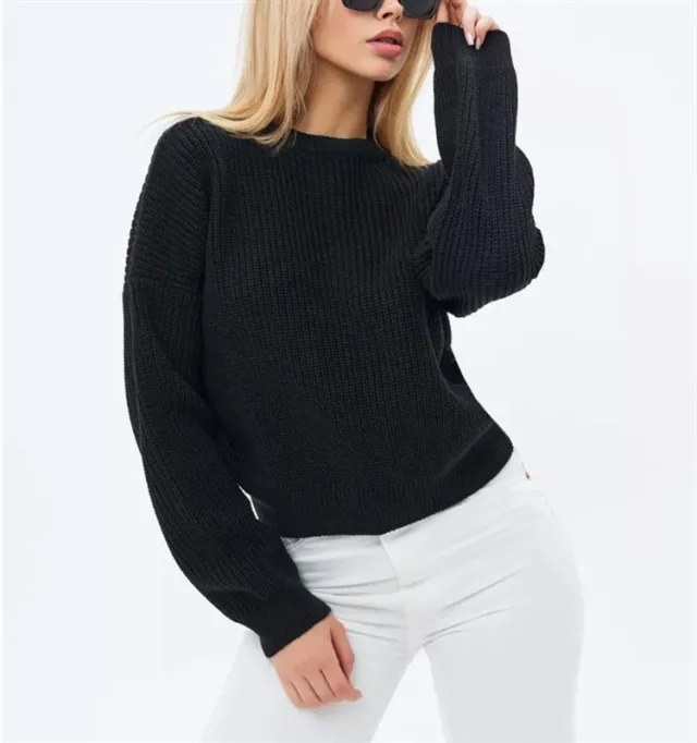 Women's Solid color Crew neck Loose fitting Pullover Sweater Black - Shop at LoveMi