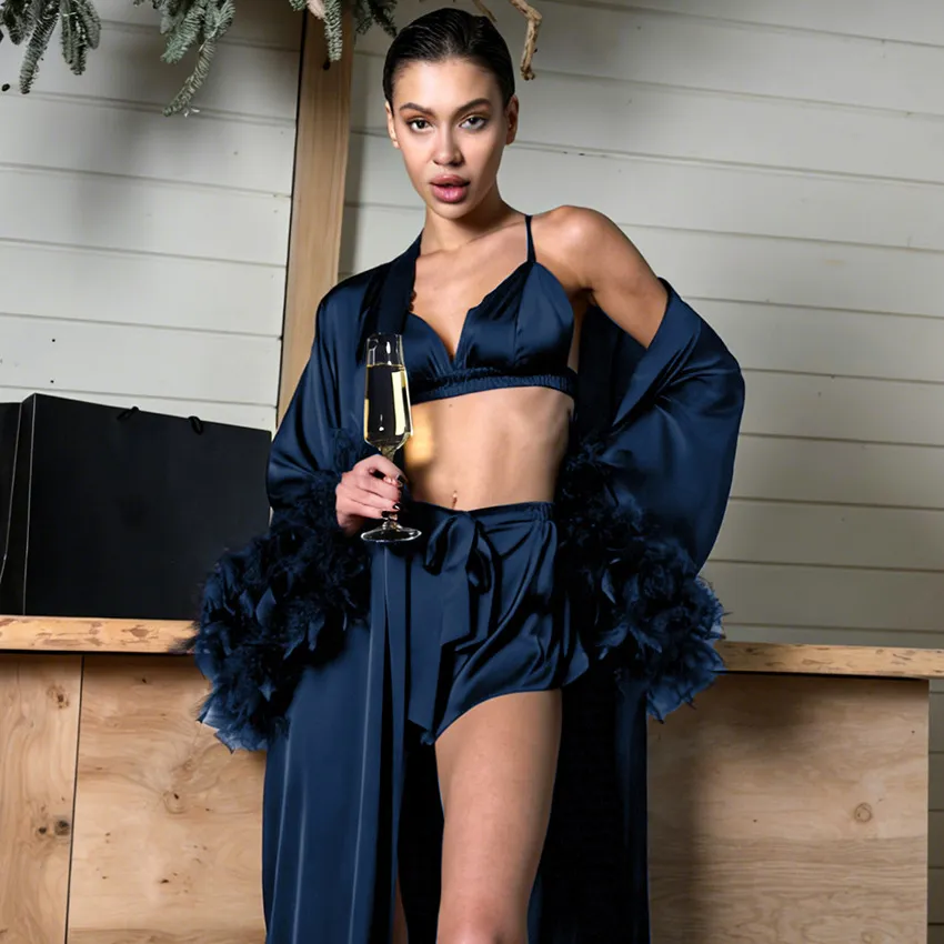 Womens Loungewear Underwear Shorts Feather Pajama Set - Blue