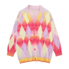 Women's Autumn And Winter Colorful Rhombus Pattern Knitted Cardigan Sweater Coat - Color Matching - View 1