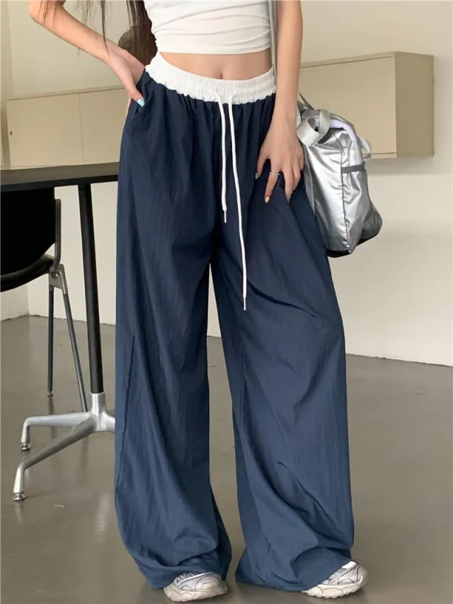 American Retro Street Style Stitching Contrast color High Waist Tooling Pants Navy Blue - Shop at LoveMi