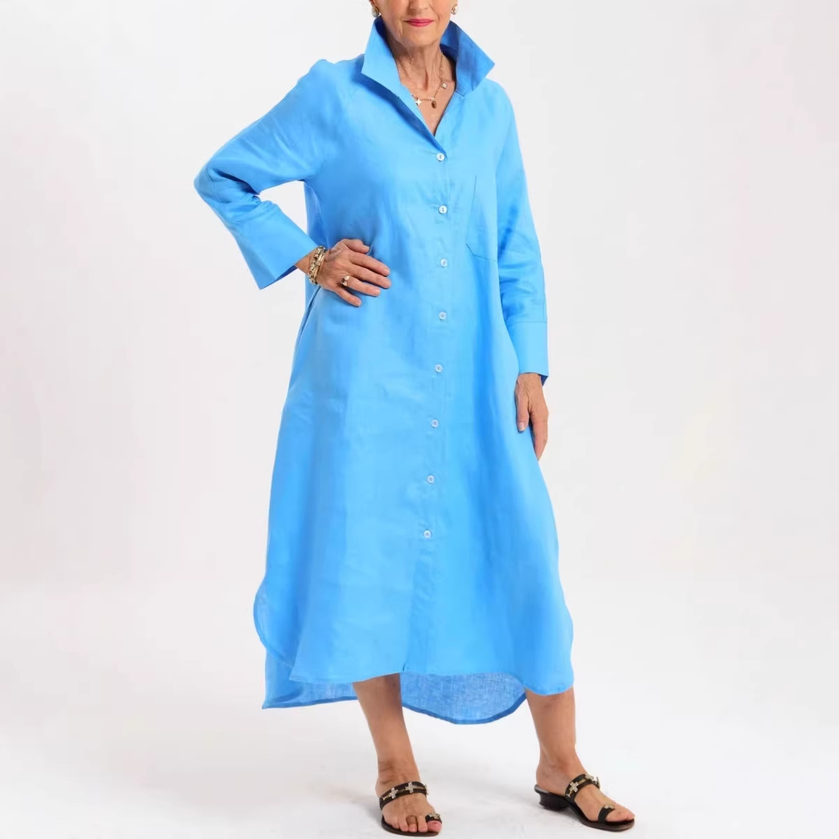 New Womens Cotton-linen Shirt Dress