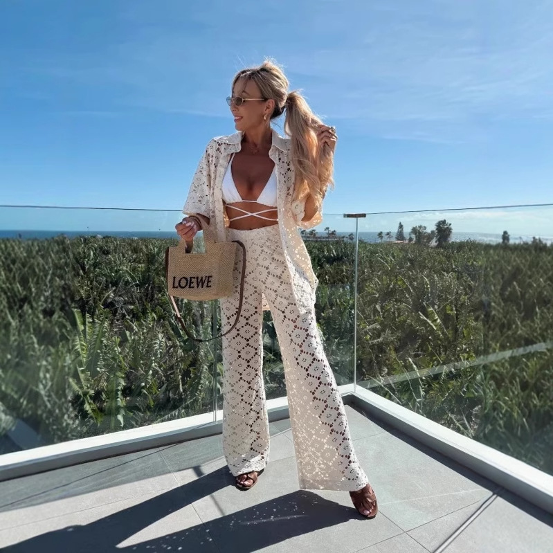 Polo Collar Hollow Lace Short Sleeve Top And Trousers Suit