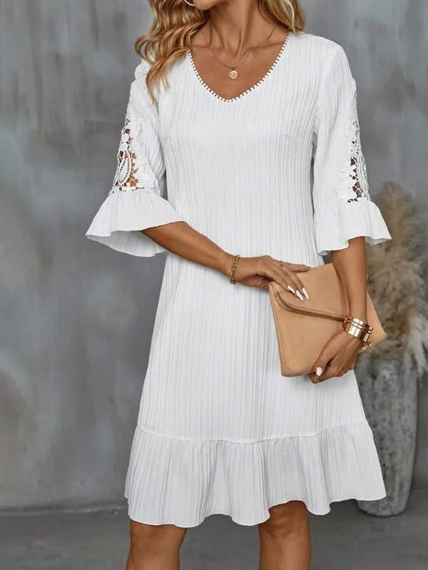 Title 3, Lace Patchwork Flared Sleeves Casual Dress