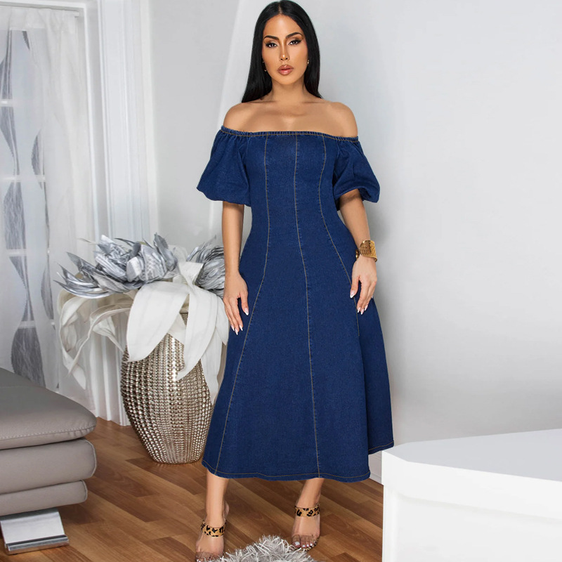 Womens U-neck Short-sleeve Long Dress