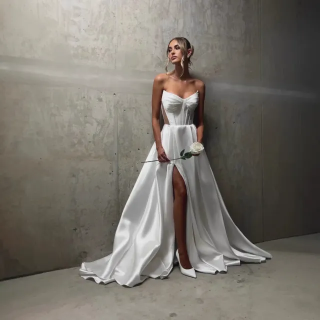 White Satin Slit Pocket Bandage Wedding Dress Ivory - Shop at LoveMi