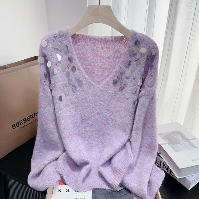 Heavy Embroidery Sequins Diamond V Neck Pullover Lazy Sweater Purple - Shop at LoveMi