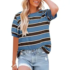 Women's Round Neck Colored Mosaic Large Striped Loose All-matching Shirt - Blue - View 1