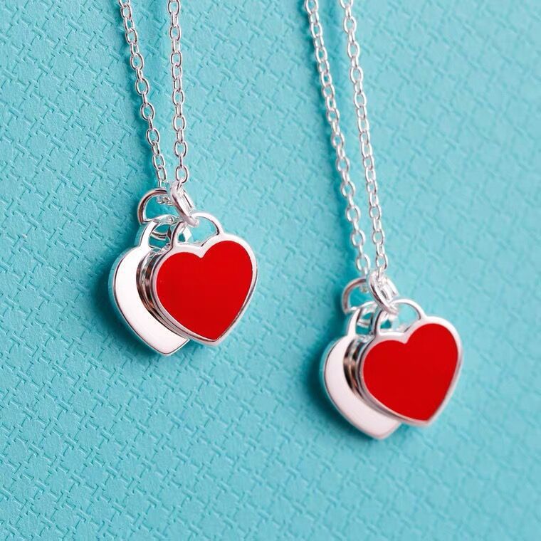 Heart Necklace Red Heart Drop Oil Enamel Blue Clavicle Chain Double Heart Pendant