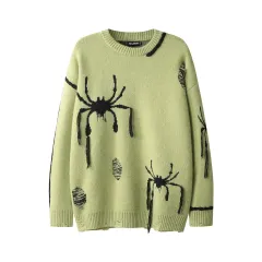 High Street Spider Jacquard Burr Contrast Color Rope Knitted Sweater - Green - View 1