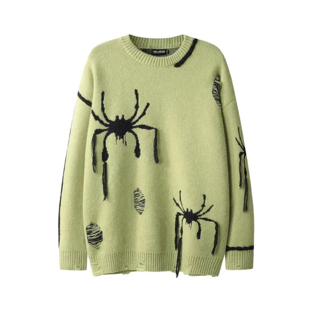 High Street Spider Jacquard Burr Contrast Color Rope Knitted Sweater Green - Shop at LoveMi