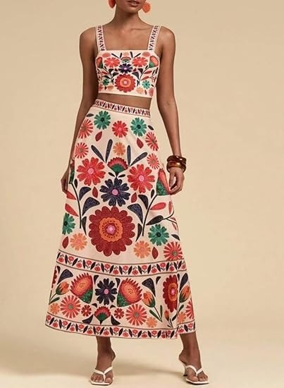 Sexy Spaghetti Straps Midriff-baring Printed Up And Down Skirt Suit