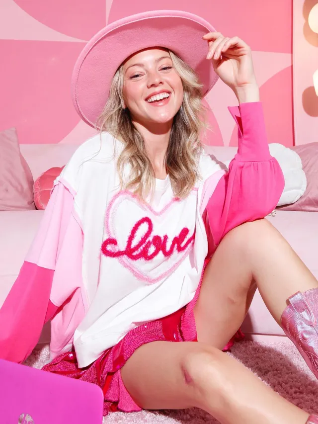 Valentine's Day Sweet Embroidery Versatile Top Long Sleeve Sweatshirt Pink - Shop at LoveMi