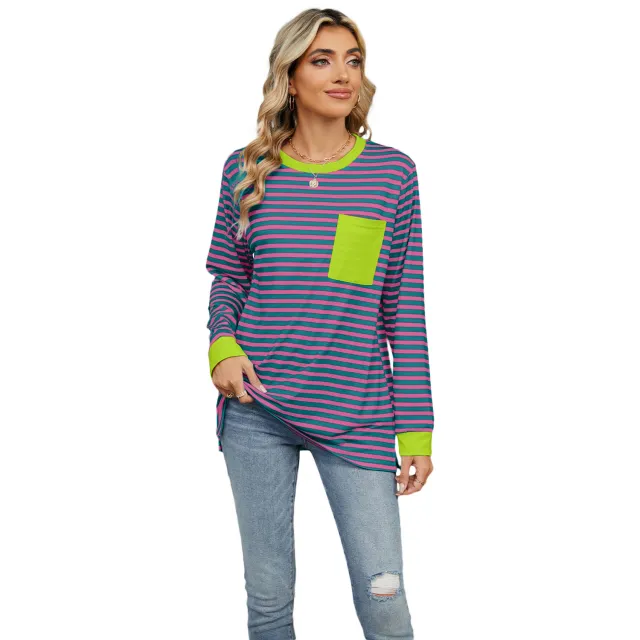 Women's Round Neck Pocket Split Upper Clothes Long Sleeves T shirt Rose - Shop at LoveMi