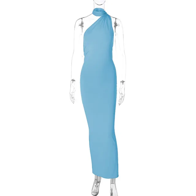 Sexy Backless Pleated Slim fit Solid Color Sleeveless Elegant Dress Blue - Shop at LoveMi