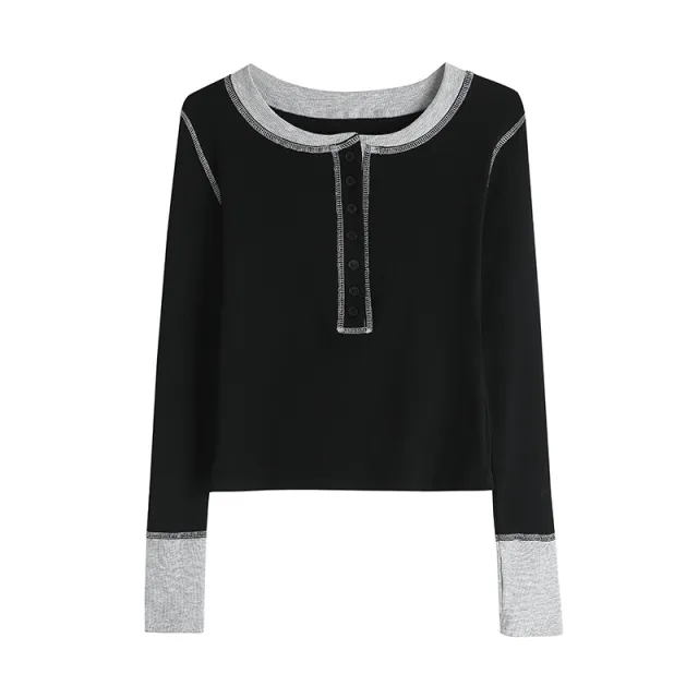 T shirt Women's Long sleeved Bottoming Shirt Round Neck Top Black - Shop at LoveMi