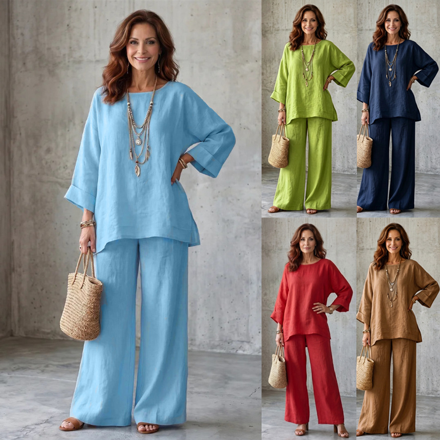 Women's Loose Round-Neck Shirt And Wide-Leg Pants Set
