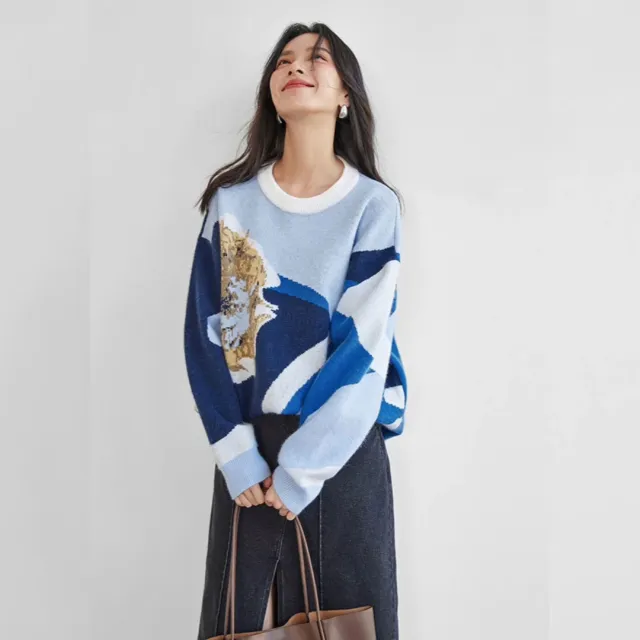 Women's Loose Slim Fit All match Round Neck Long Sleeve Jacquard Knitted Sweater - Shop at LoveMi