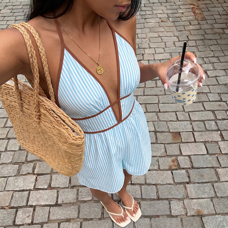 Best-selling  Resort-style Striped Halter-neck Deep-V Jumpsuit - photo 4