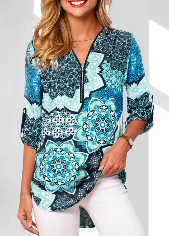 V neck Zipper Long Sleeve Rollable Sleeves Loose Shirt Element 4 - Shop at LoveMi