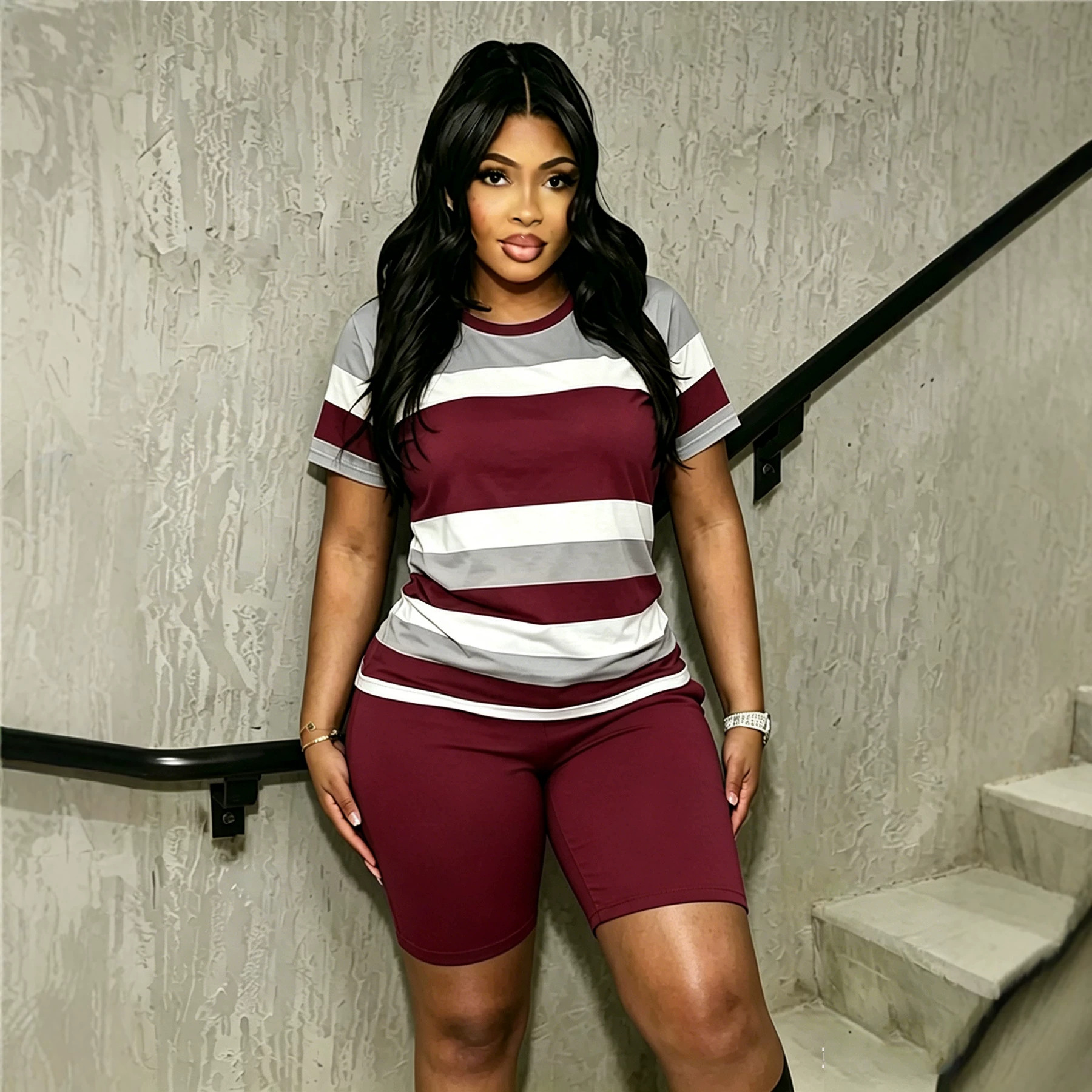 Womens Striped Short-Sleeve T-Shirt Casual Set