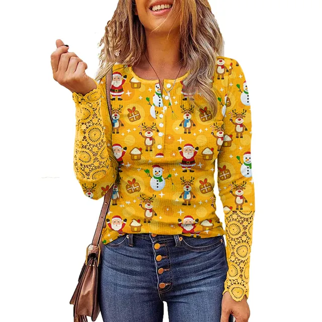 Lace Christmas Printed Button Round Neck Long Sleeve Bottoming Shirt Picture Flower 3 M - Shop at LoveMi