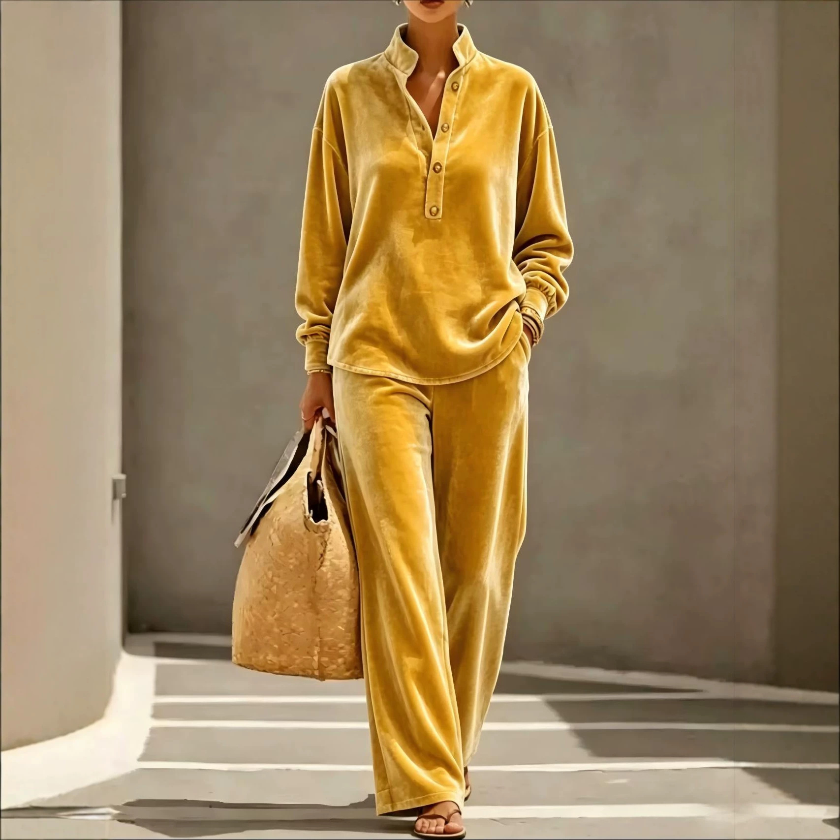 Long-sleeve Buttoned Casual Womens Pants Set
