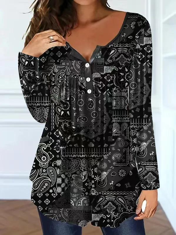 Loose fit Buttoned V neck Top Women's T shirt Black - Shop at LoveMi