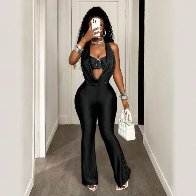 Women's Fashion Solid Color High Waist Sleeveless Halter Jumpsuit Black - Shop at LoveMi