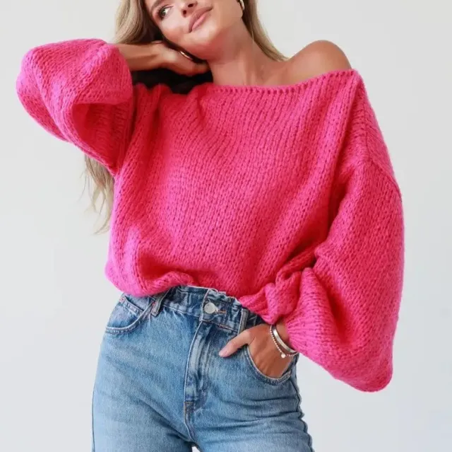 Women's Off shoulder Solid Color Loose Knitted Pullover Sweater Rose Red - Shop at LoveMi