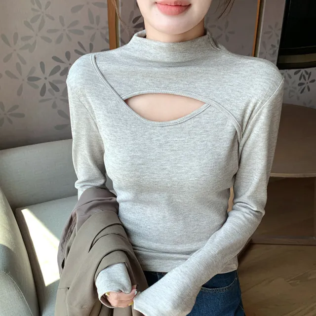 Stitching Women's Half Turtleneck Hollow out Design Long sleeved Top Oats - Shop at LoveMi
