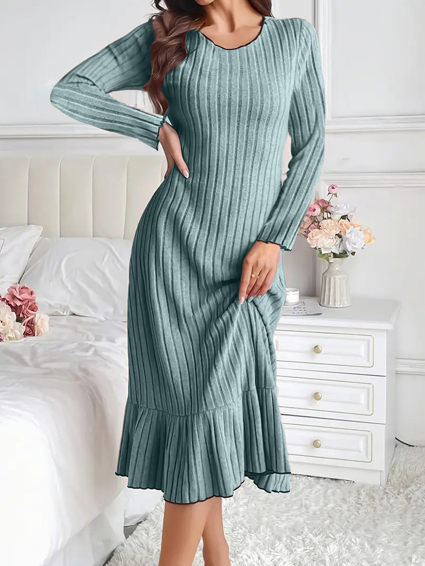 Women's Fashion Solid Color Ruffle Sleeve Long Dress Gray Blue - Shop at LoveMi