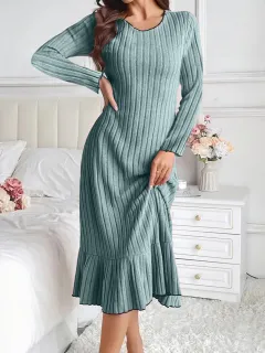 Women's Fashion Solid Color Ruffle Sleeve Long Dress - Gray Blue - View 1