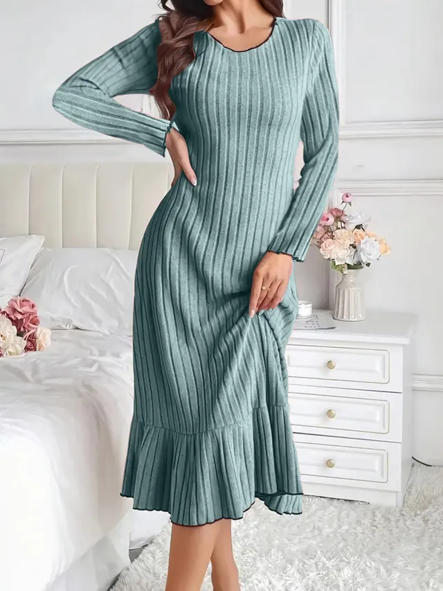 Women's Fashion Solid Color Ruffle Sleeve Long Dress Gray Blue - Shop at LoveMi